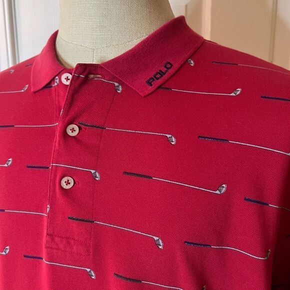 GUC Men's Vintage Ralph Lauren Polo Golf Club Print Red Shirt Size XL - Picture 2 of 3